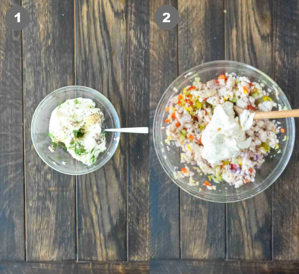 Steps 1 and 2 for making feta chicken salad.