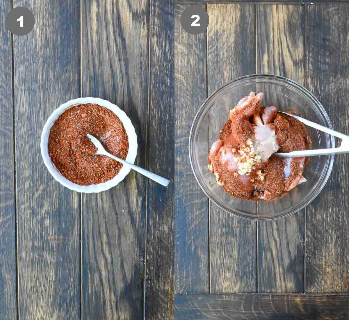 Spices mixed together then tossed with chicken thighs in a bowl.