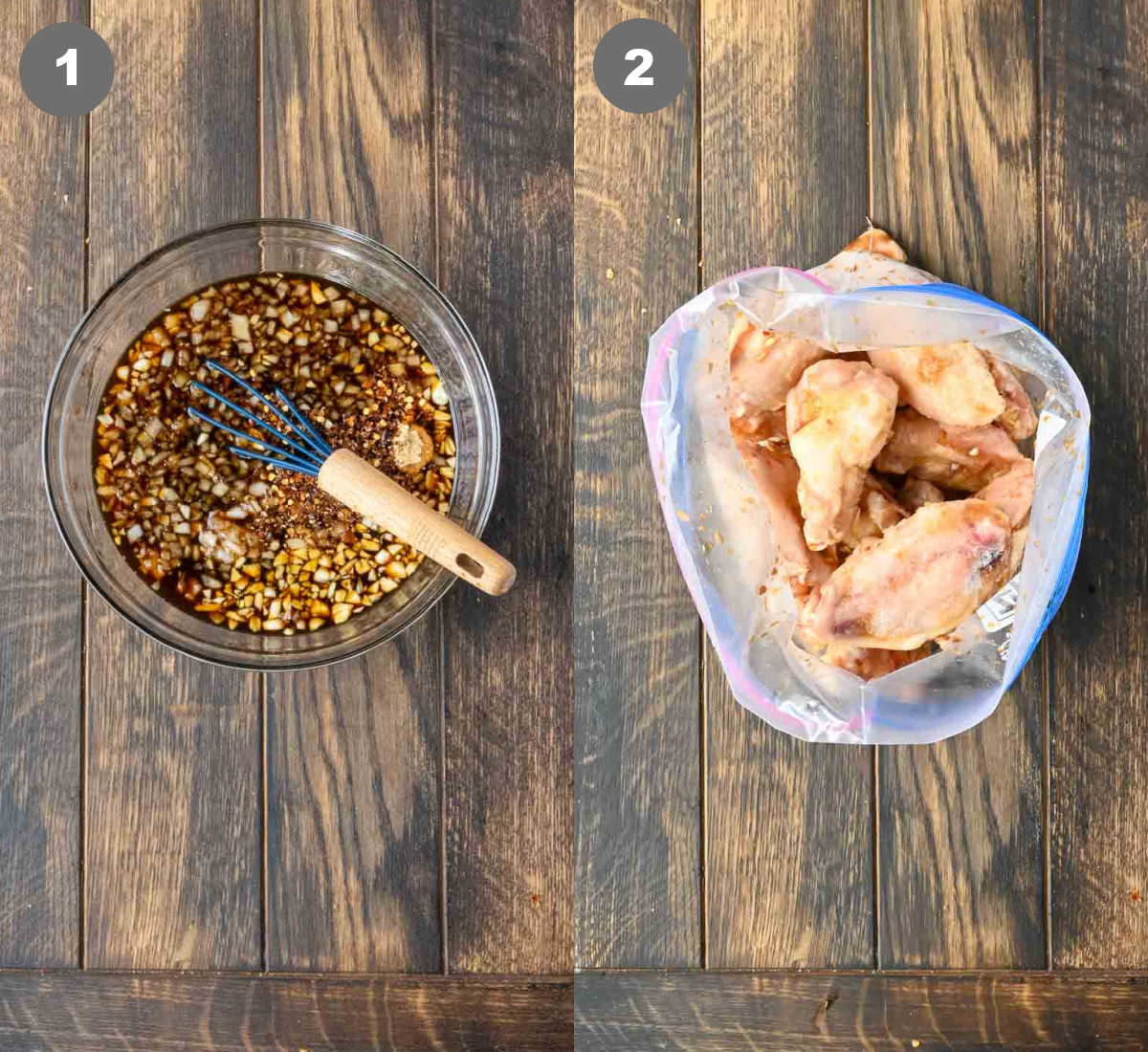Steps 1 and 2 for making soy garlic chicken wings.