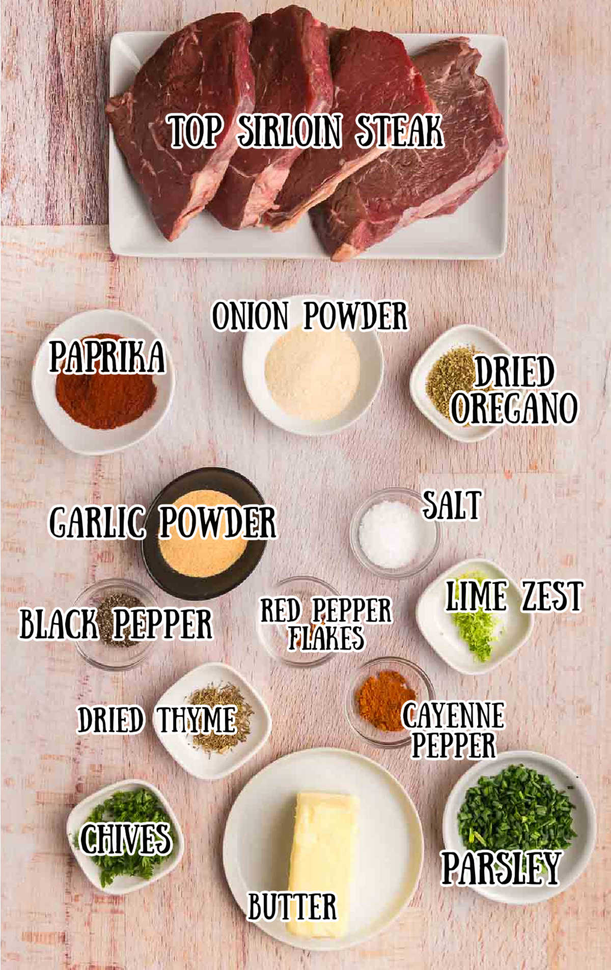 A photo of all of the ingredients needed for this grilled steal.