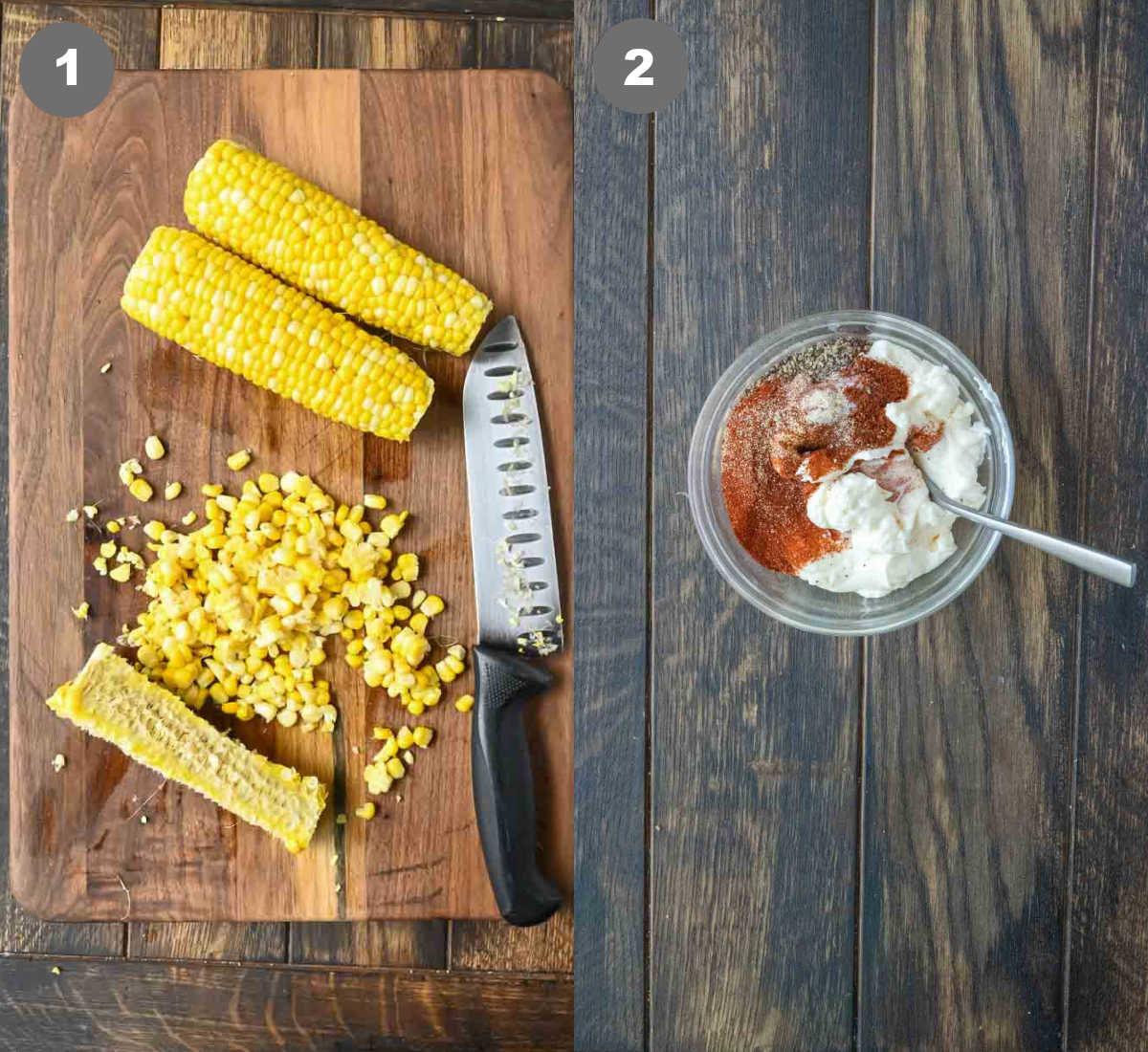 Fresh corn being removed from the cob and the dressing mixed in a bowl.