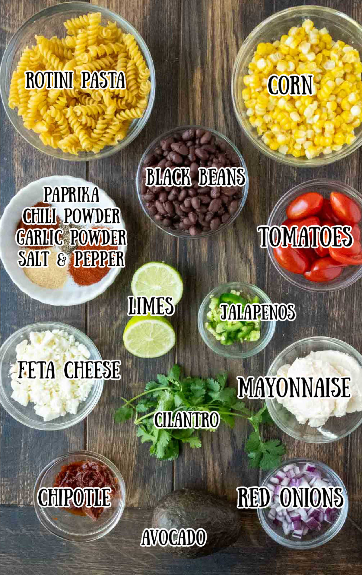 All the ingredients needed for the mexican pasta salad.