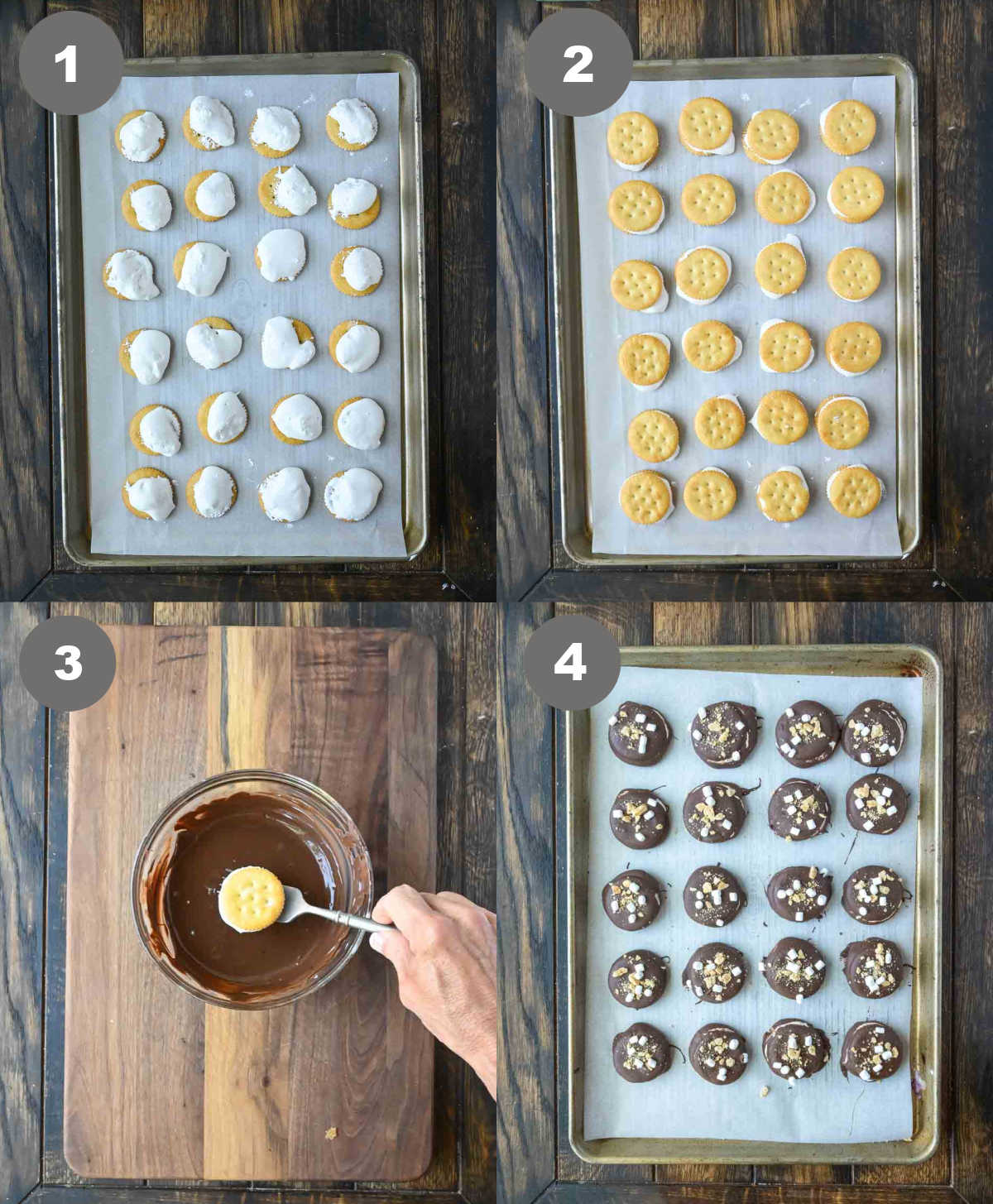 Steps 1 through 4 for making ritz smores cookies.
