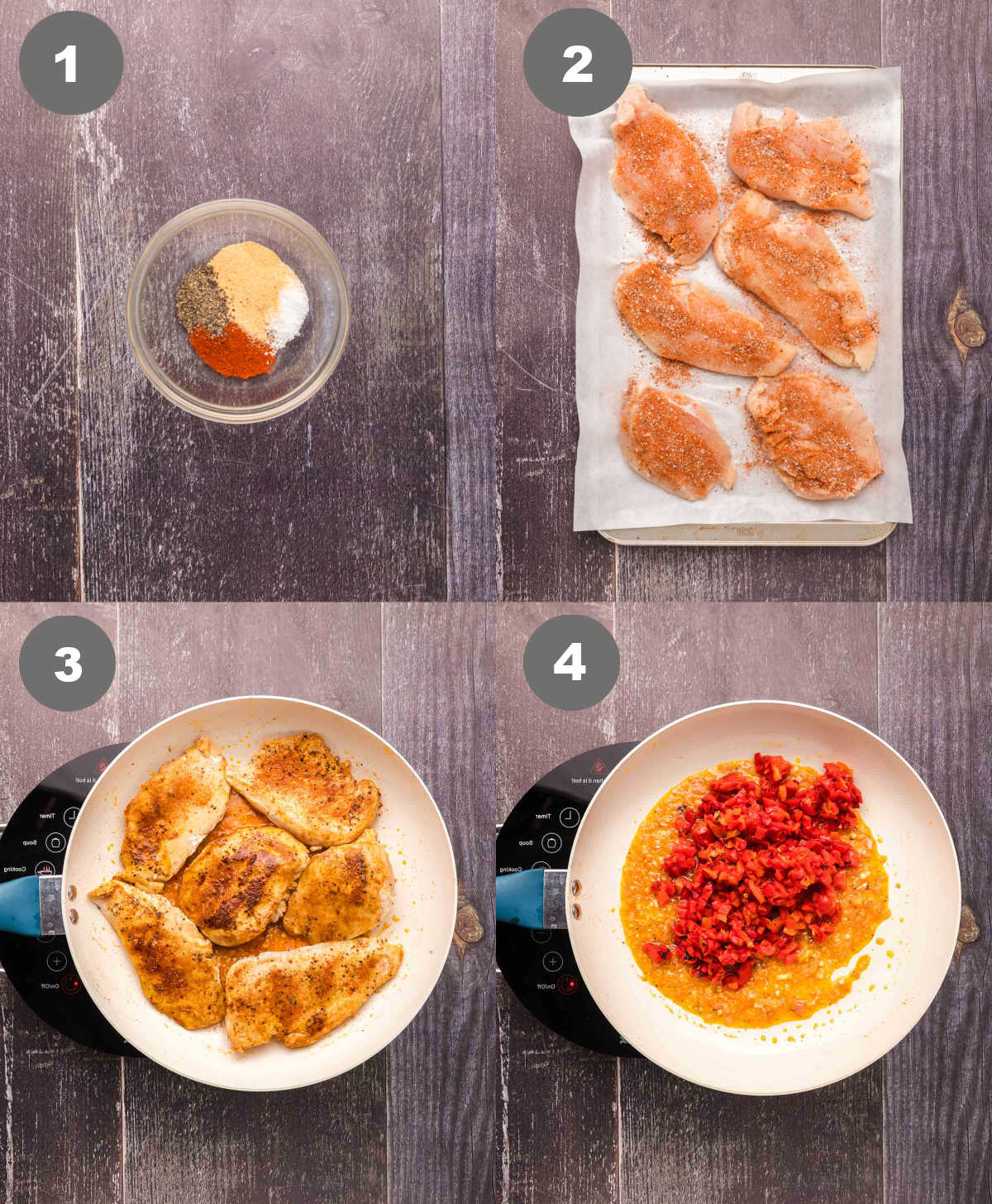 Spices in a bowl then added to chicken and cooked in a skillet.