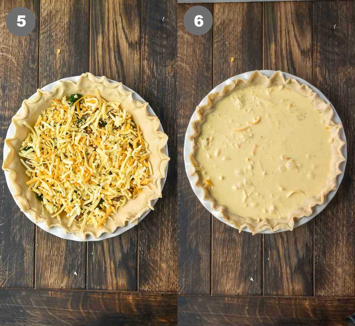 Cheese added to a pie crust and filling pour into the crust.