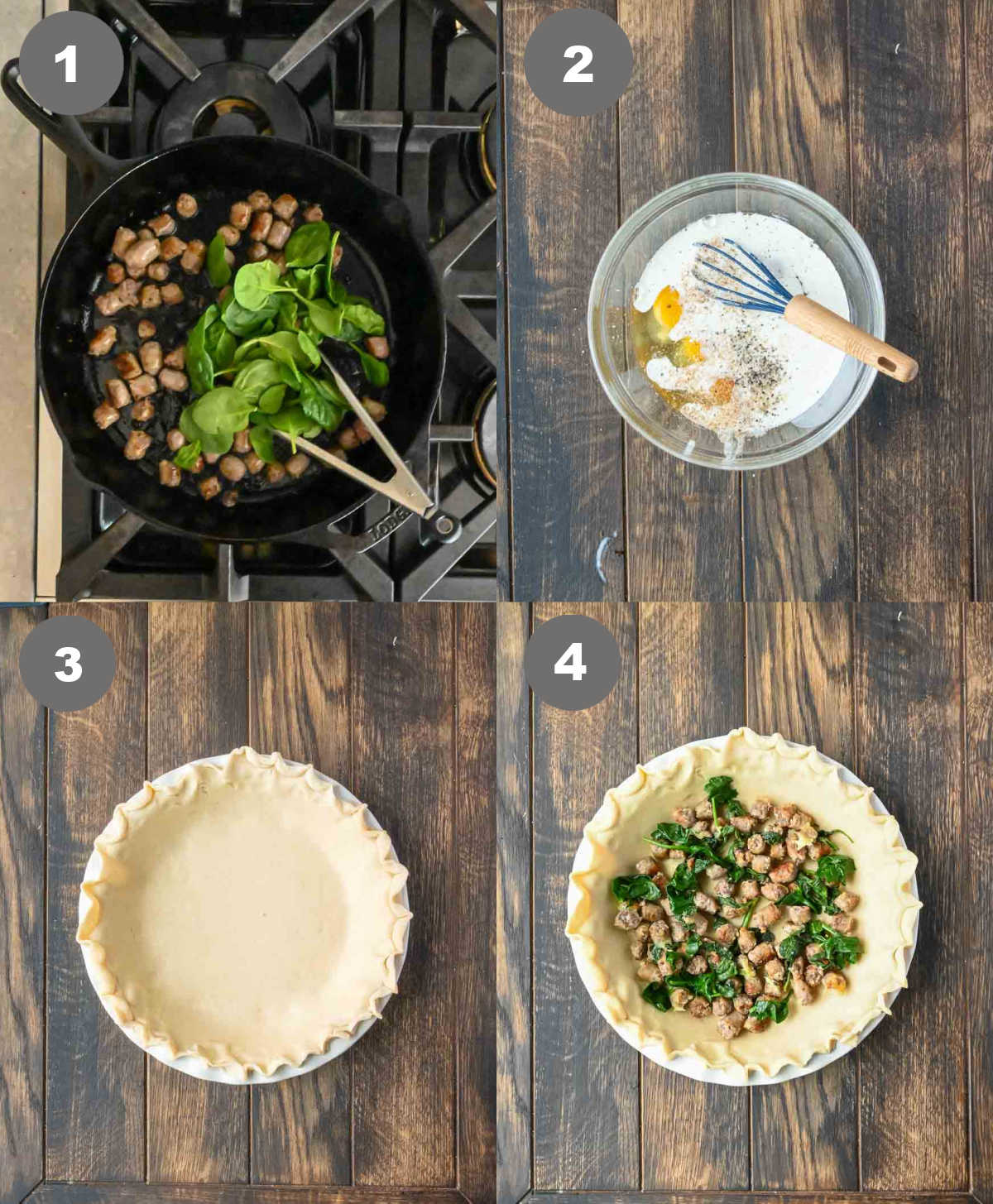 Sausage cooked in a skillet and filling mixed in a bowl then added to a pie crust.