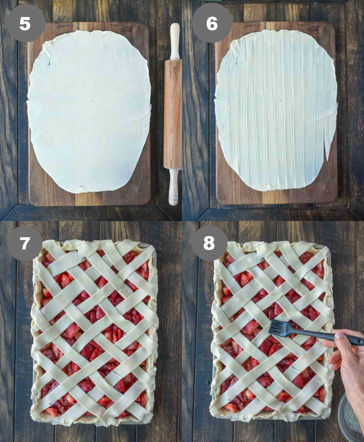 Steps 5 through 8 for making strawberry slab pie.