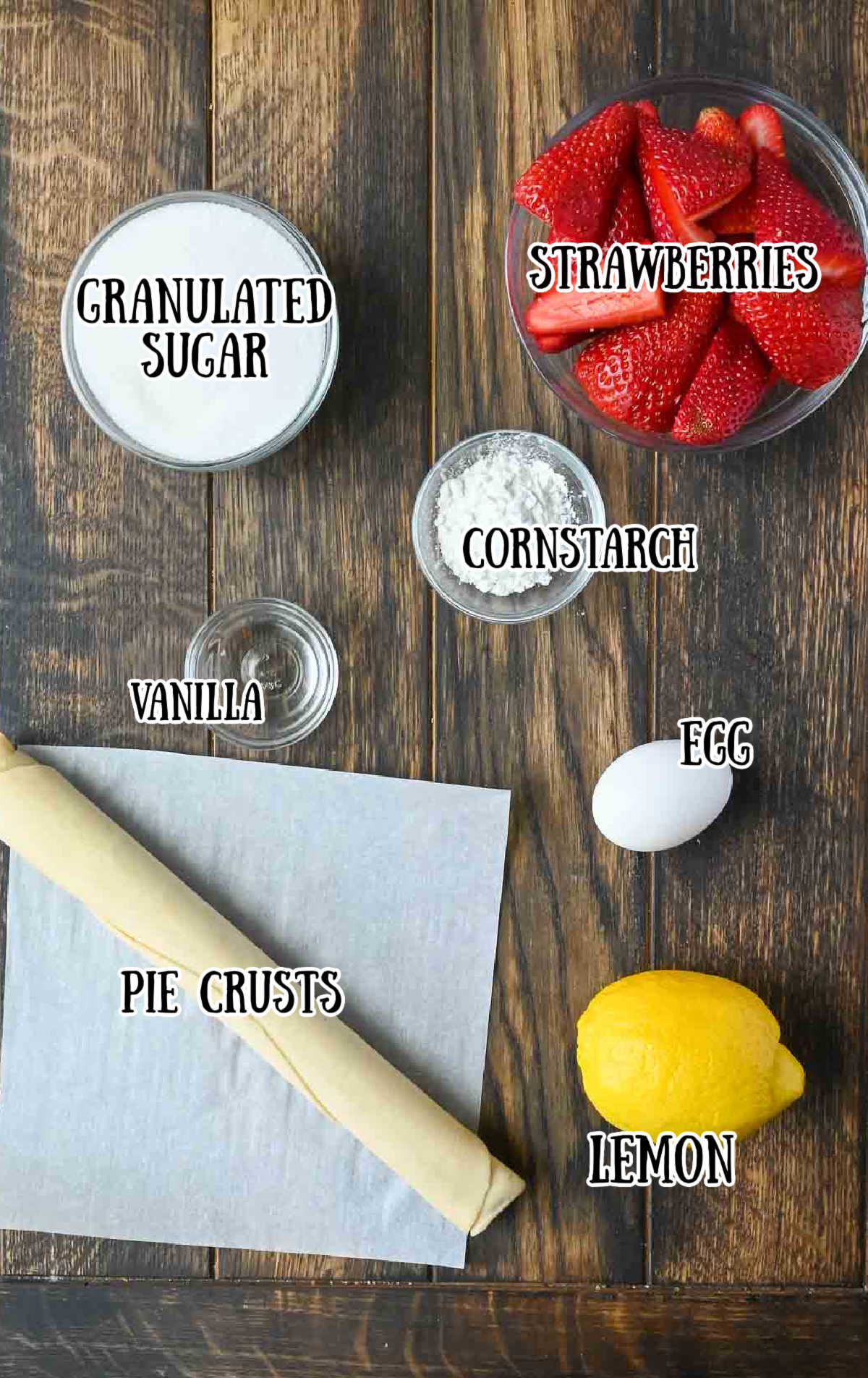 Labeled ingredients for strawberry slab pie.
