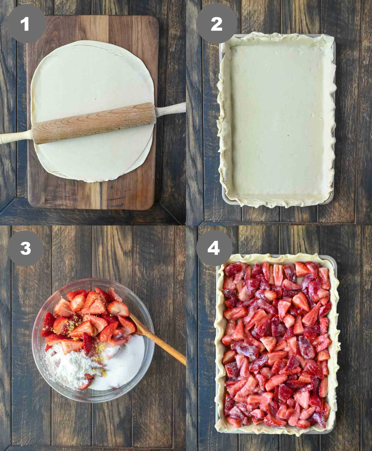 Steps 1 through 4 for making strawberry slab pie.