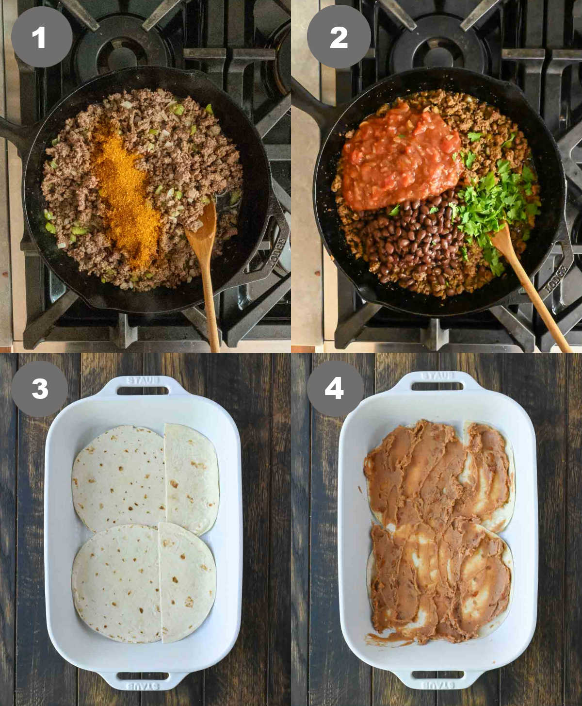 Ground beef cooked in a skillet then tortillas and refried beans layered in a baking dish.