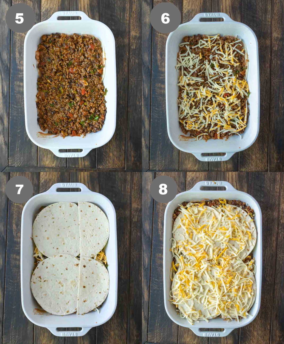Ground beef mixture in a baking dish layered with cheese and flour tortillas.