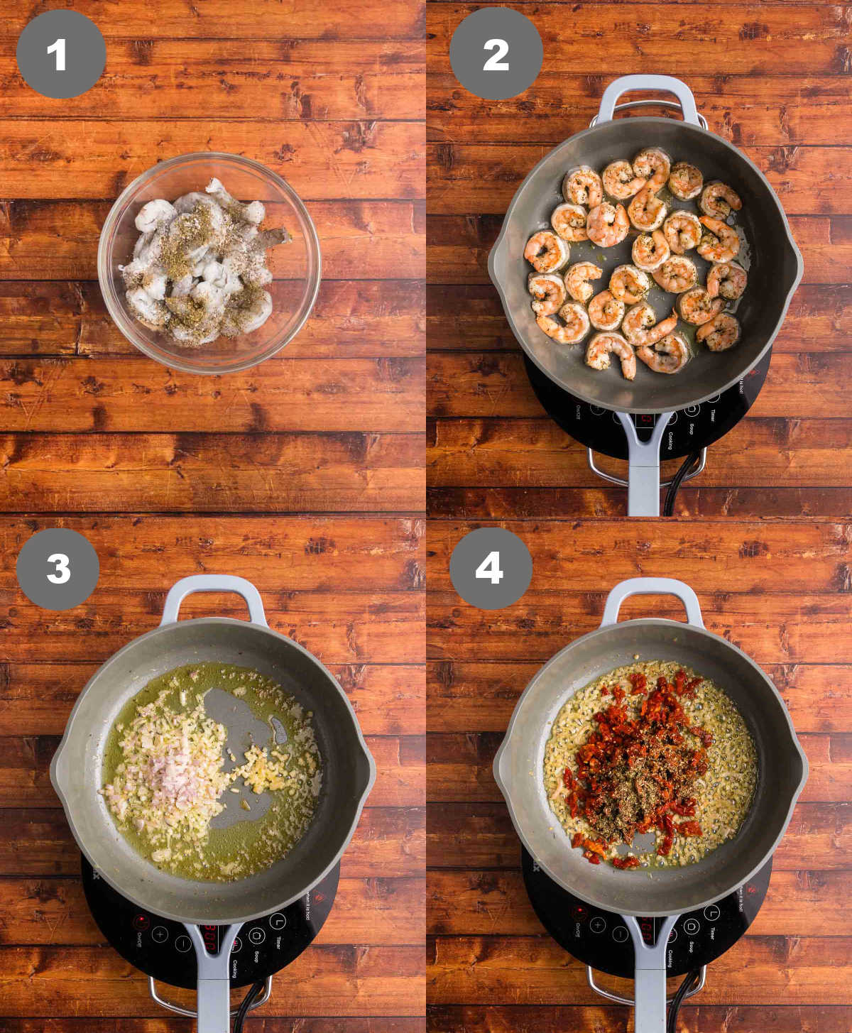 Steps 1 through 4 for making orzo pasta with shrimp.