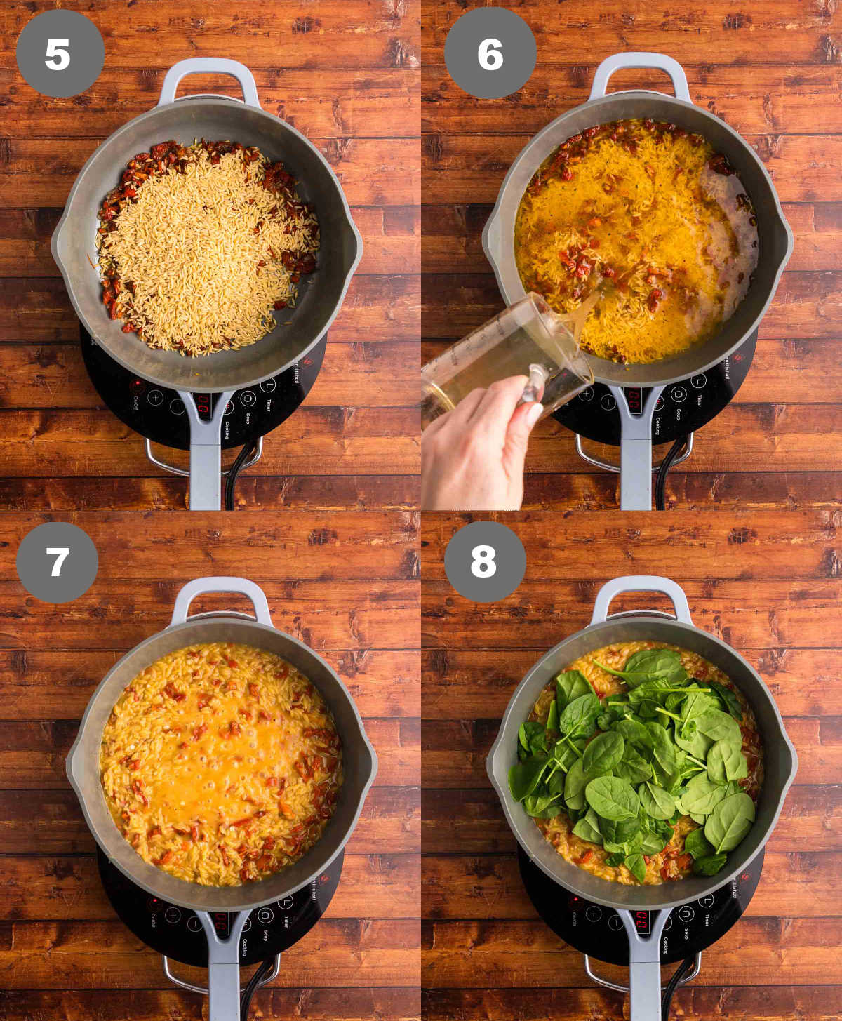 Steps 5 through 8 for making tuscan shrimp orzo skillet.