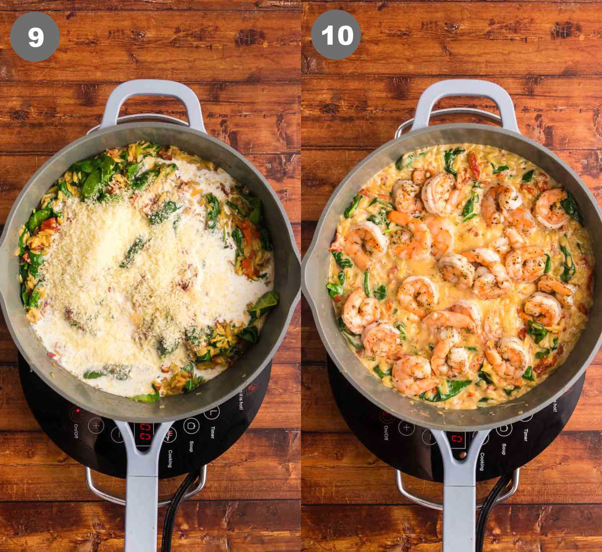 Steps 9 and 10 for making orzo pasta with shrimp.