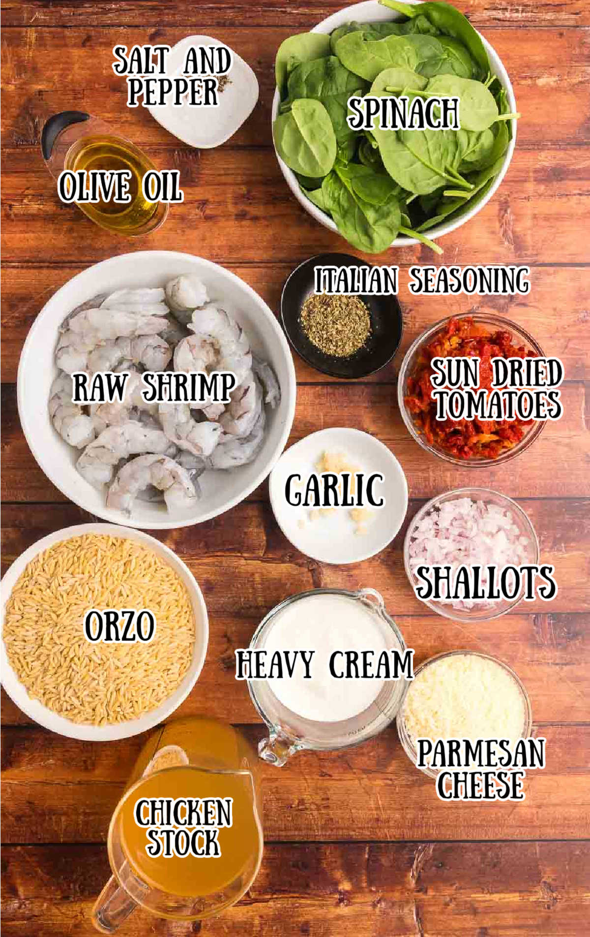 Labeled ingredients for orzo pasta with shrimp.