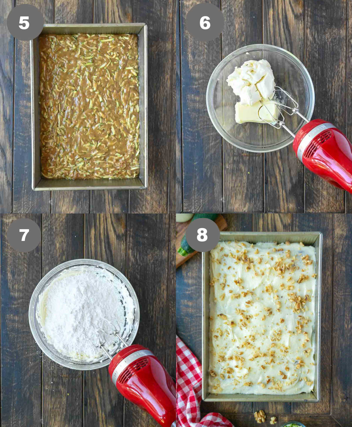 Steps 5 through 8 for making zucchini cake.