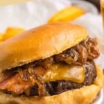 Pinterest graphic featuring bourbon bacon cheeseburgers.