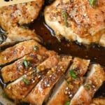 Pinterest graphic featuring soy garlic chicken thighs.