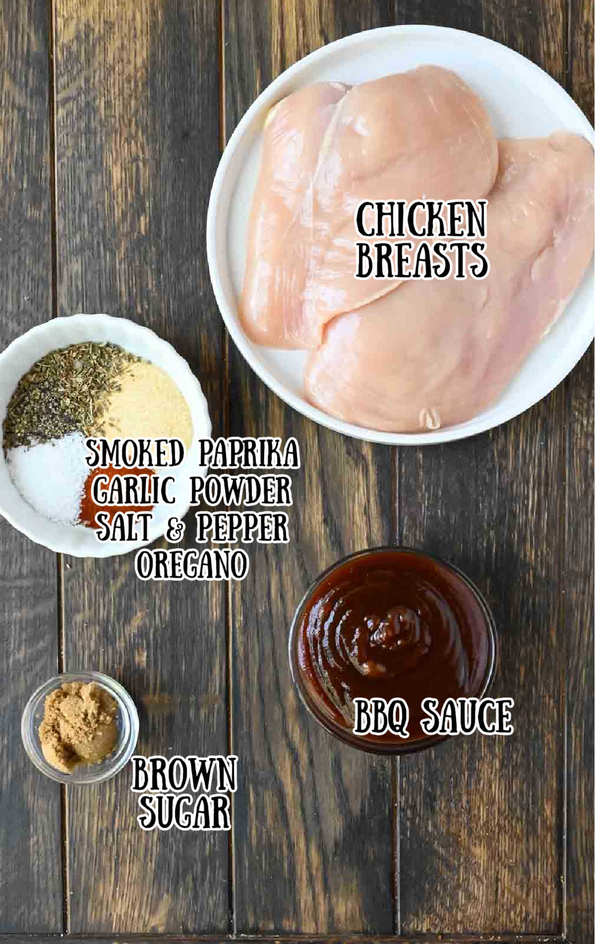 Labeled ingredients for air fryer BBQ chicken.