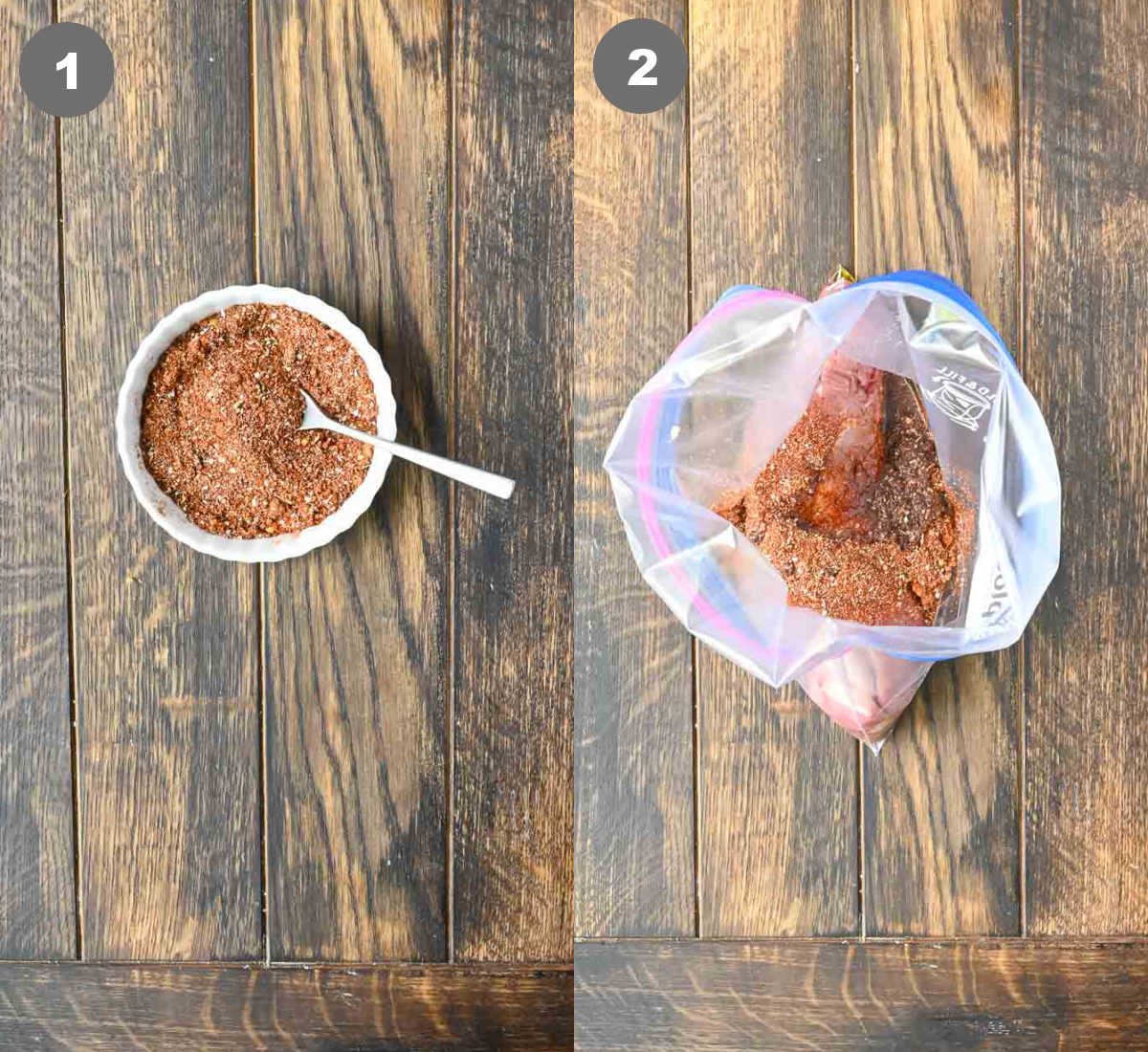 Spices mixed together in a bowl and added to the tenderloin in a large ziplock bag.