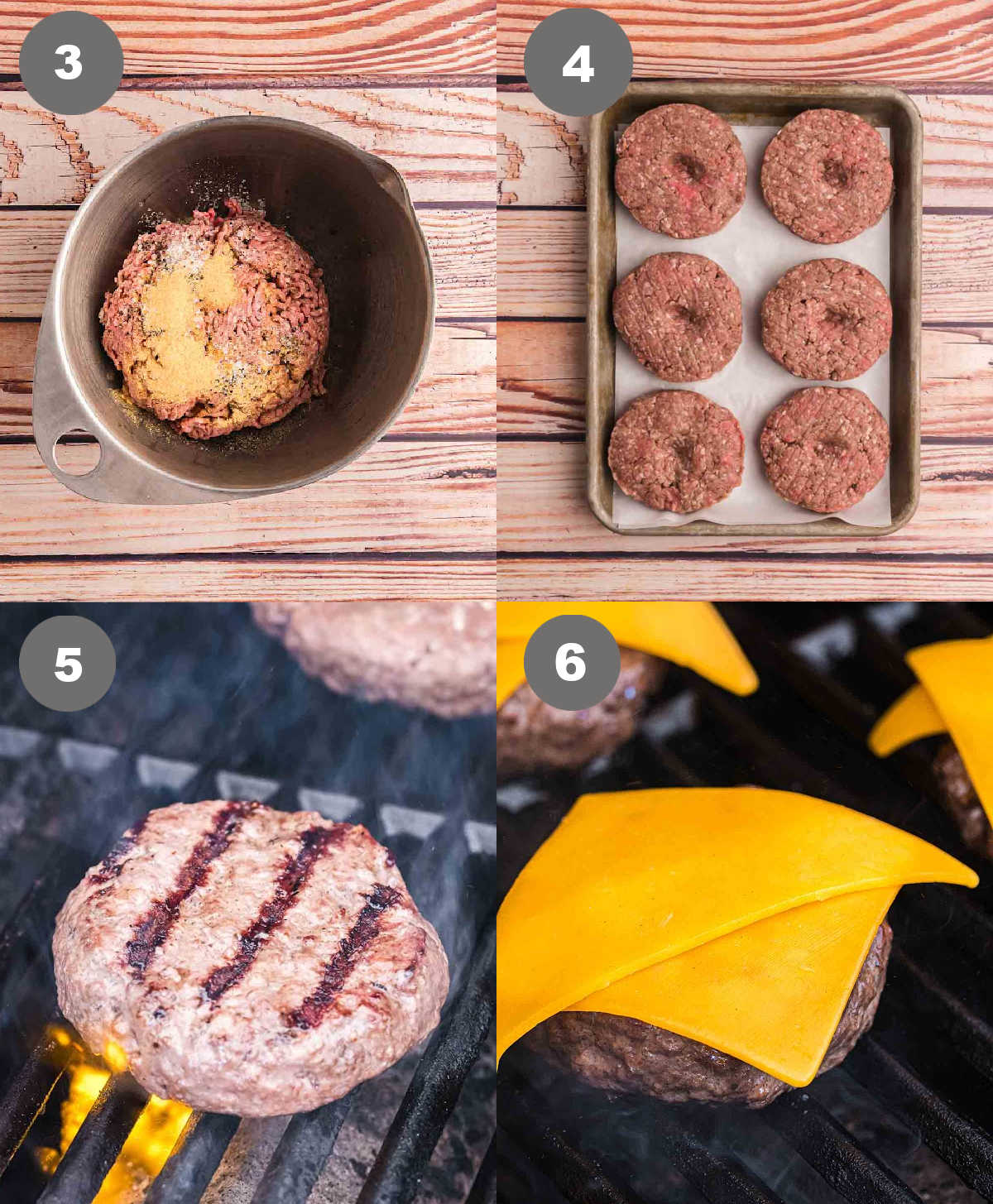 Steps 3 through 6 for making bourbon bacon cheeseburgers.
