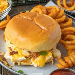 A slow cooker chicken bacon ranch sandwich on a serving platter with curly fries.