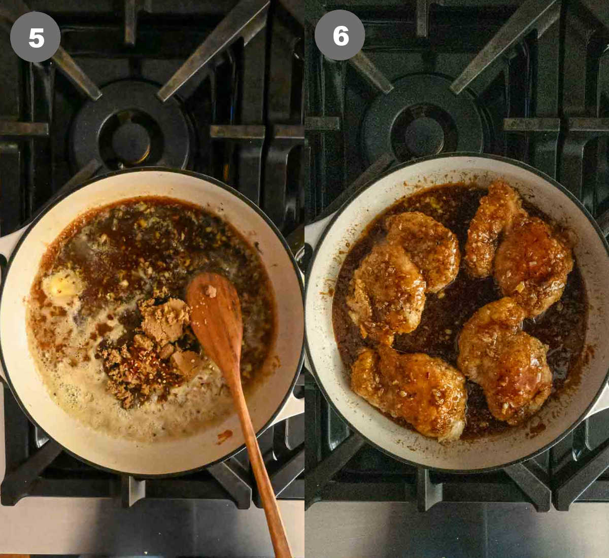 Steps 5 and 6 for making soy garlic chicken thighs.
