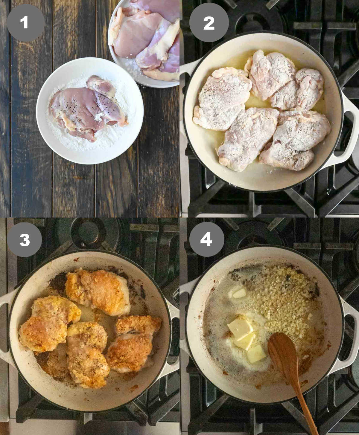 Steps 1 through 4 for making soy garlic chicken.