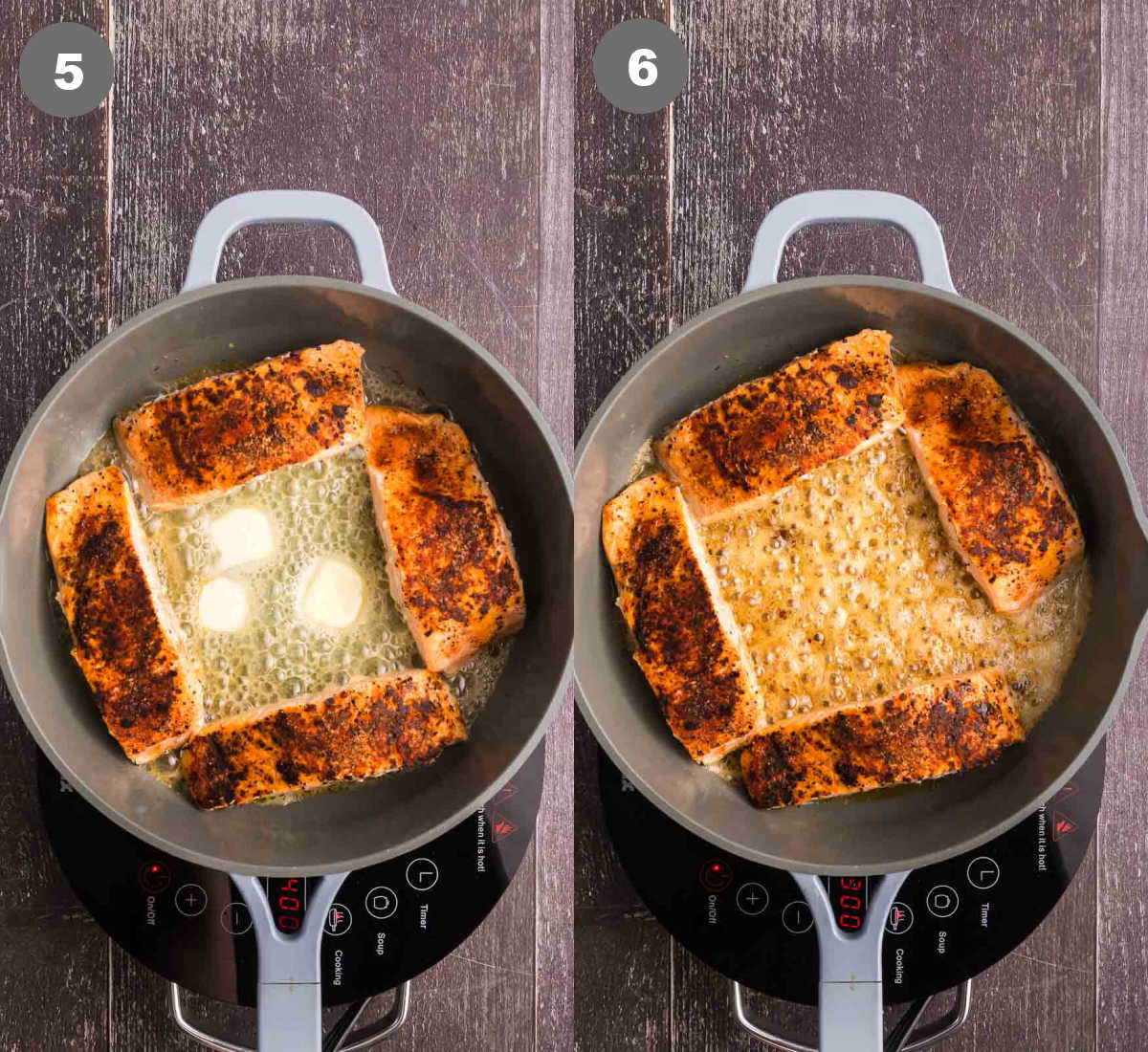 Steps 5 and 6 for making hot honey salmon.