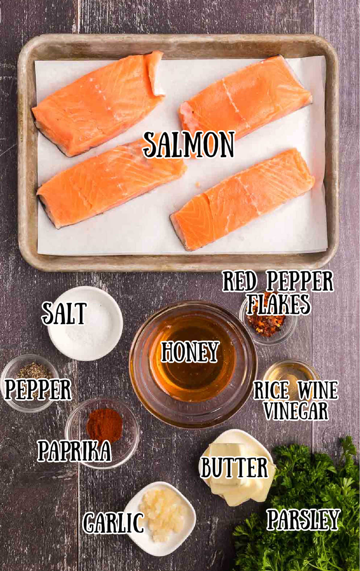 Labeled ingredients for hot honey salmon.