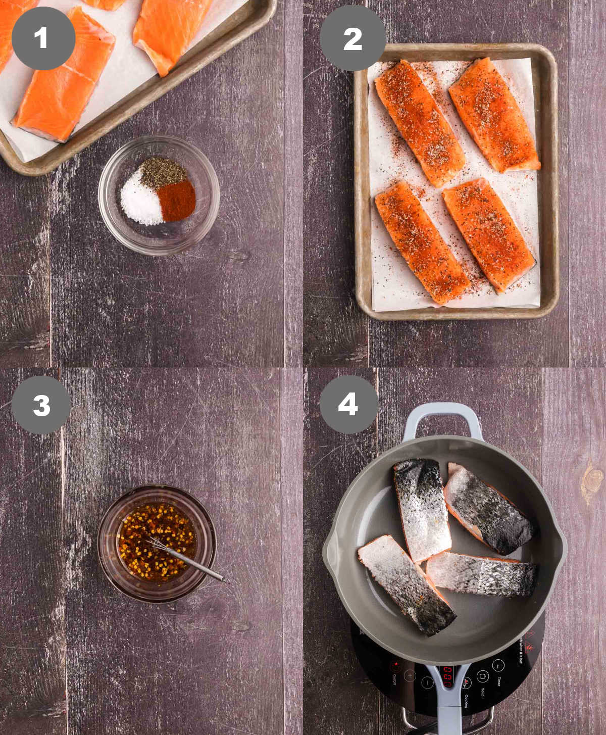 Steps 1 through 4 for making hot honey salmon.