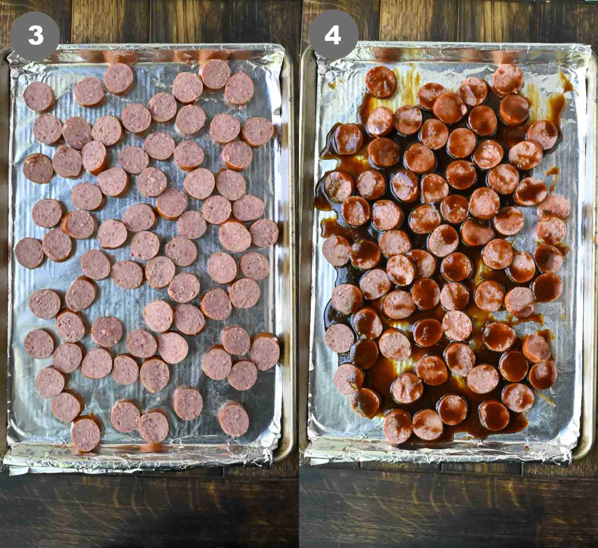 Kielbasa sliced and placed on a baking sheet tossed with a sweet and spicy sauce.