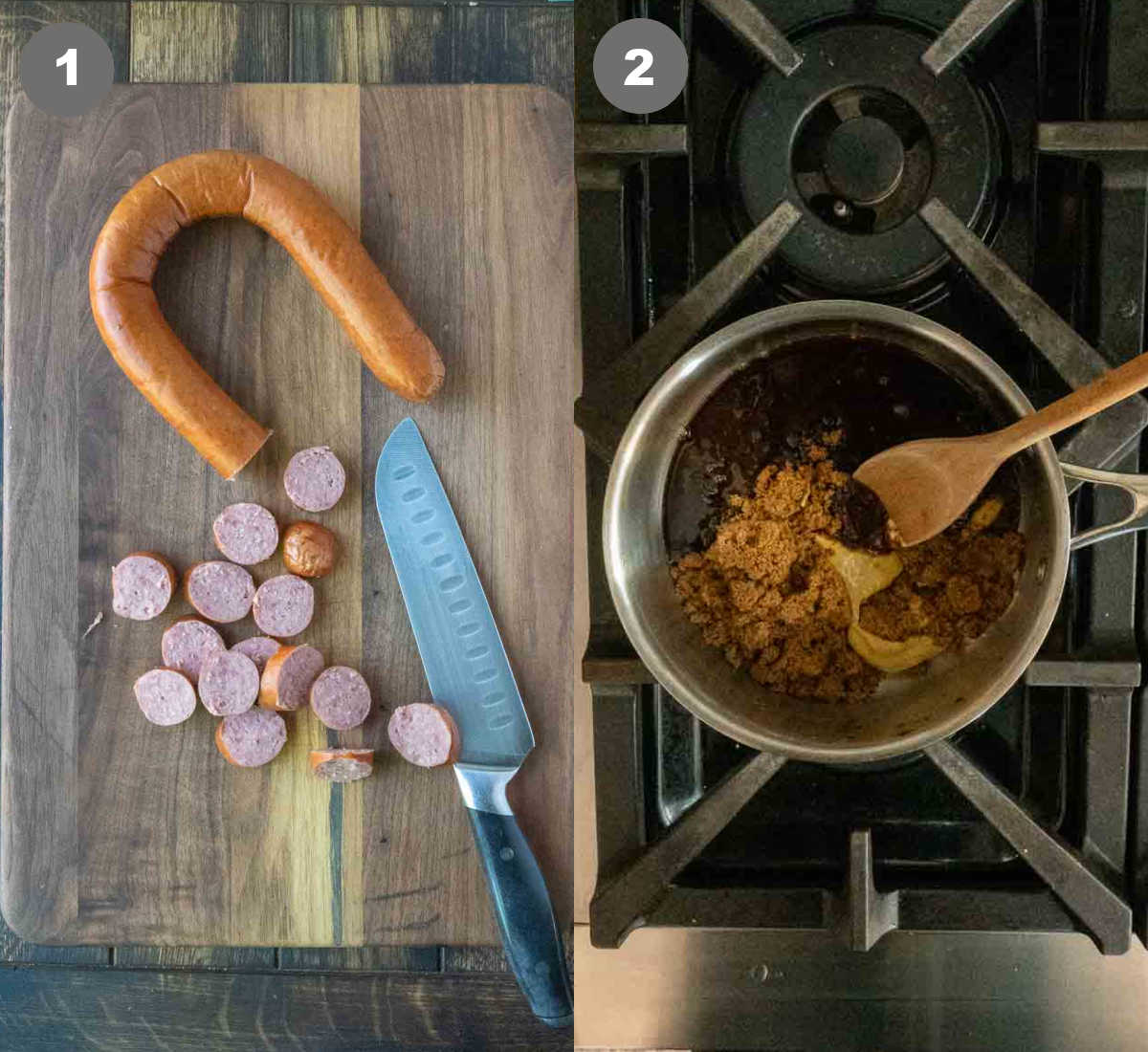 Kielbasa being cut into bite sized pieces.