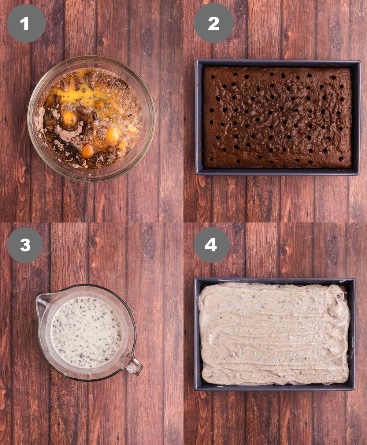 Cake ingredients mixed in a bowl then baked in a pan, holes punched throughout and oreo pudding spread on top.