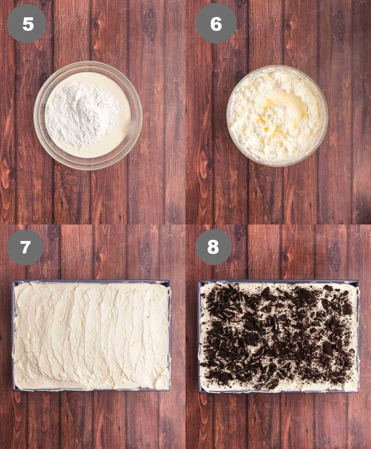 Whip cream mixed in a bowl and spread on the cake with crushed oreos.