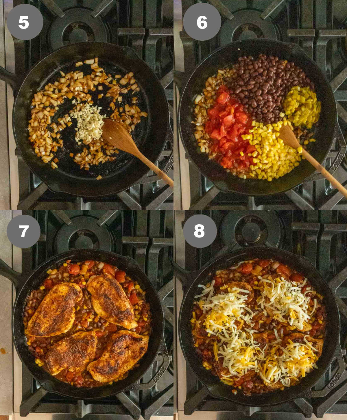 Steps 5 through 8 for making santa fe chicken.