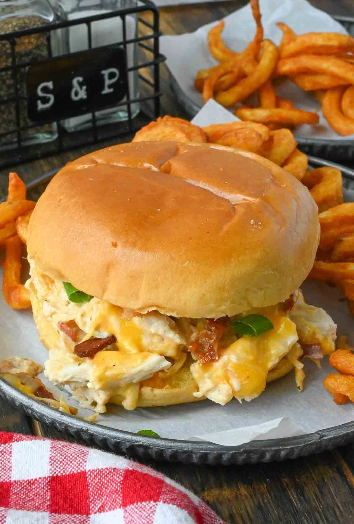 A slow cooker chicken bacon ranch sandwich on a plate with curly fries.