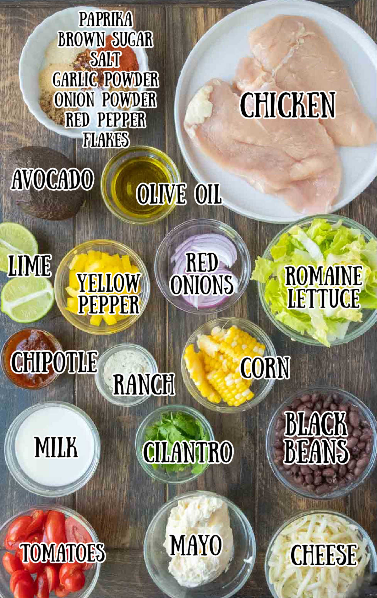 Labeled ingredients for southwestern chicken salad.