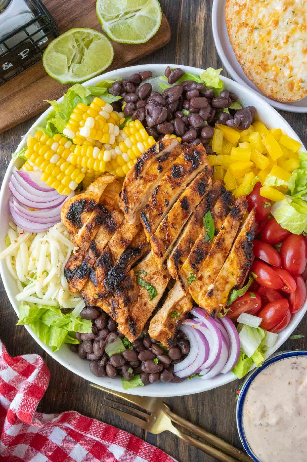 Overhead view of a large bowl of southwestern chicken salad.