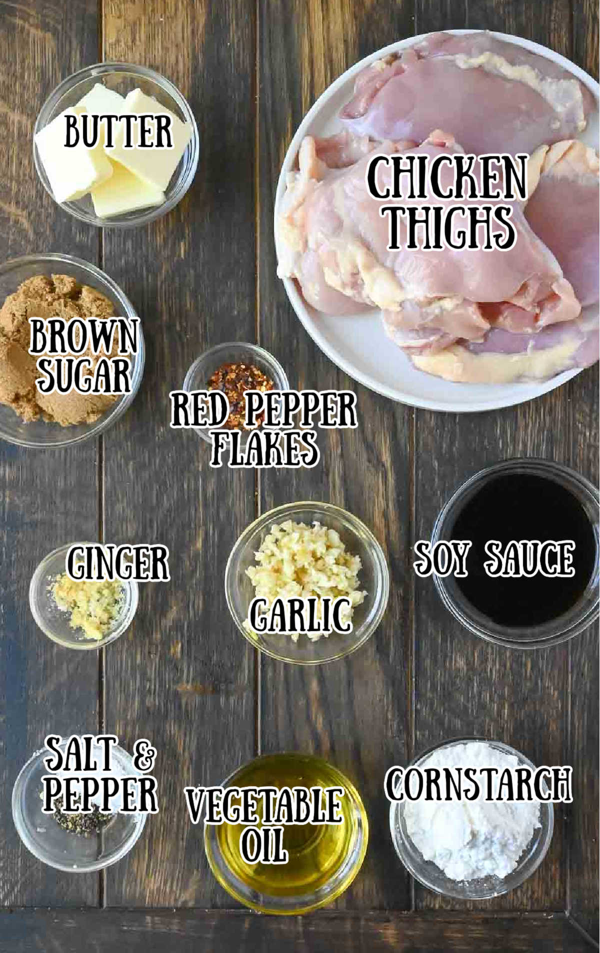 All of the ingredients for these Soy garlic chicken thighs .