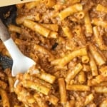 Pinterest graphic featuring homemade beefaroni.