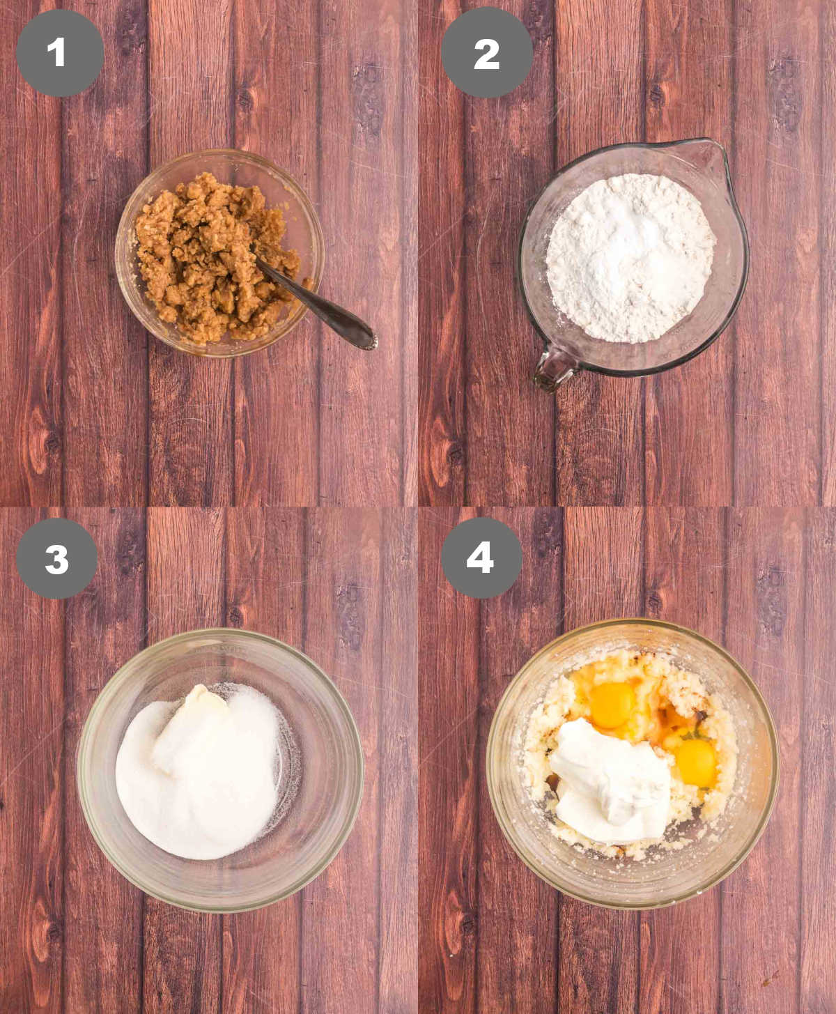 Steps 1 through 4 for making blueberry crumb cake.