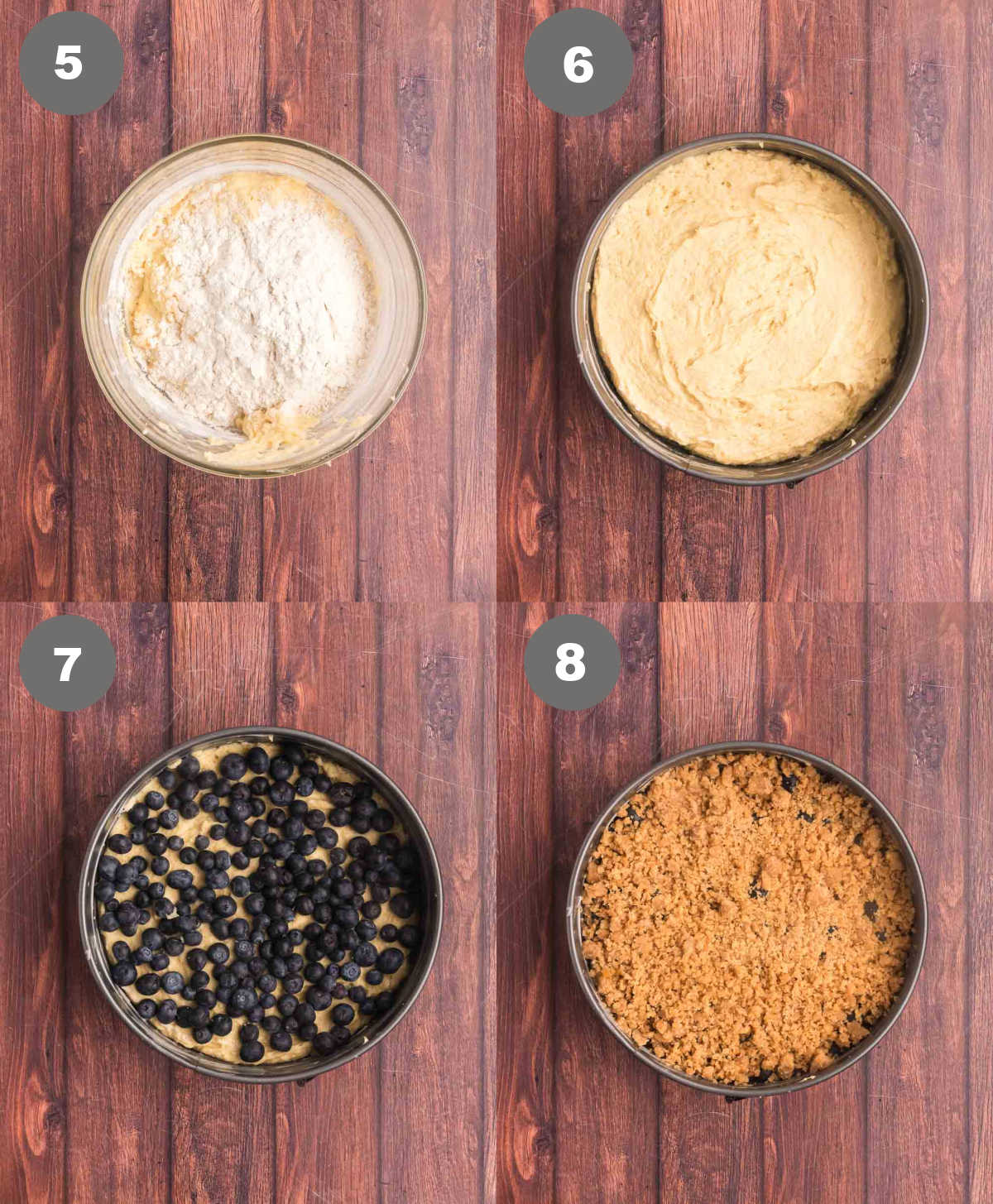 Steps 5 through 8 for blueberry crumb cake.