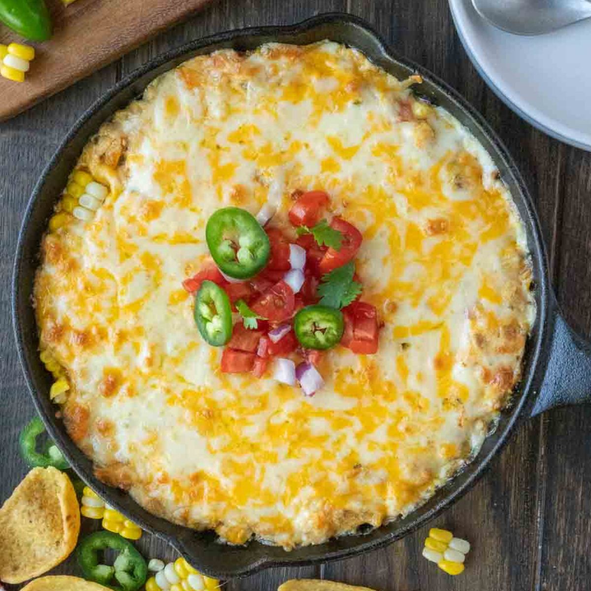 Skillet with jalapeno corn dip.