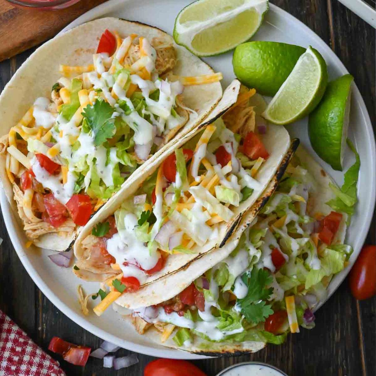 A plate of slow cooker ranch chicken tacos.