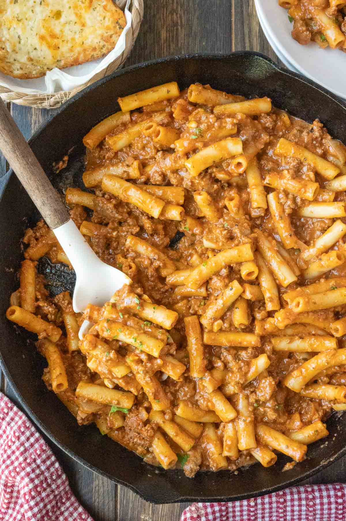 Skillet of homemade beefaroni.