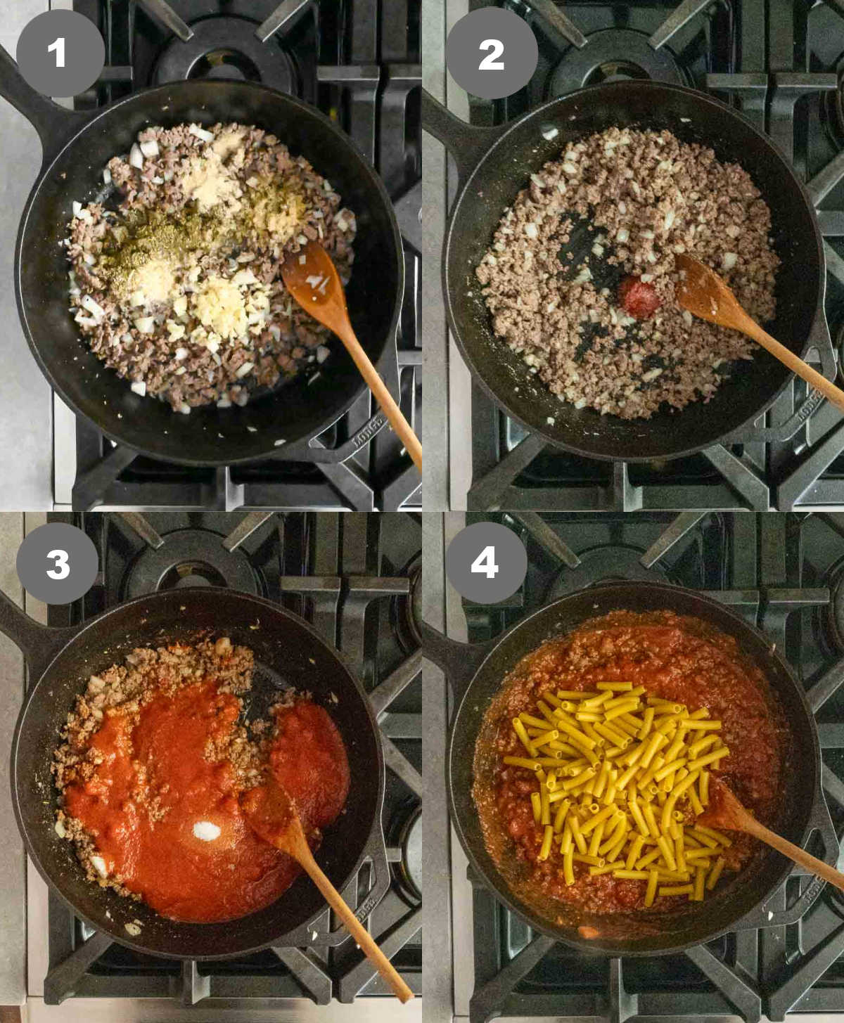 Steps 1 through 4 for making homemade beefaroni.