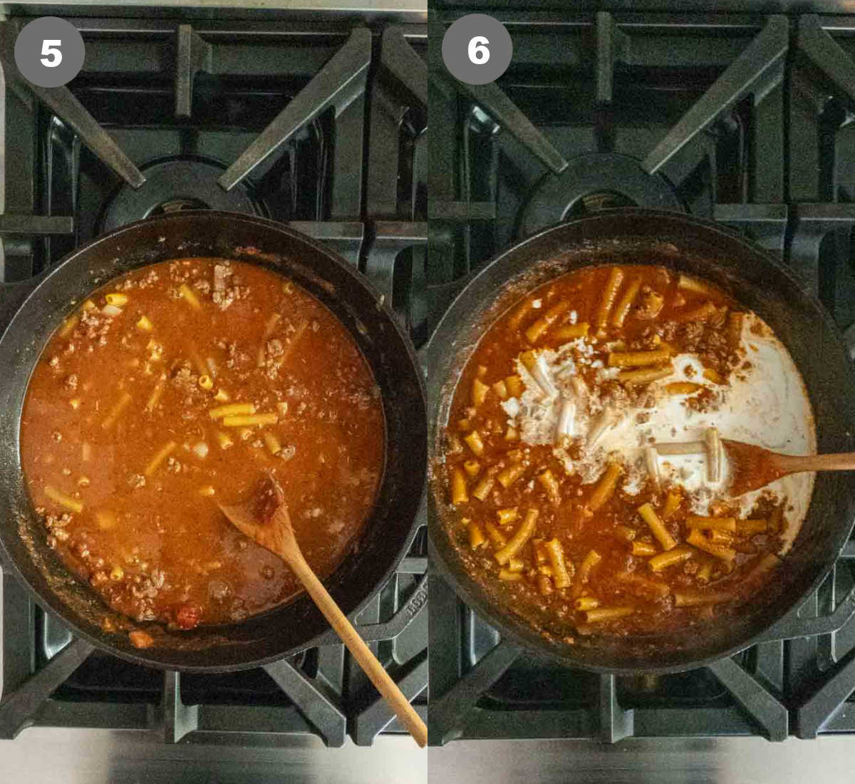 Steps 5 and 6 for making homemade beefaroni.
