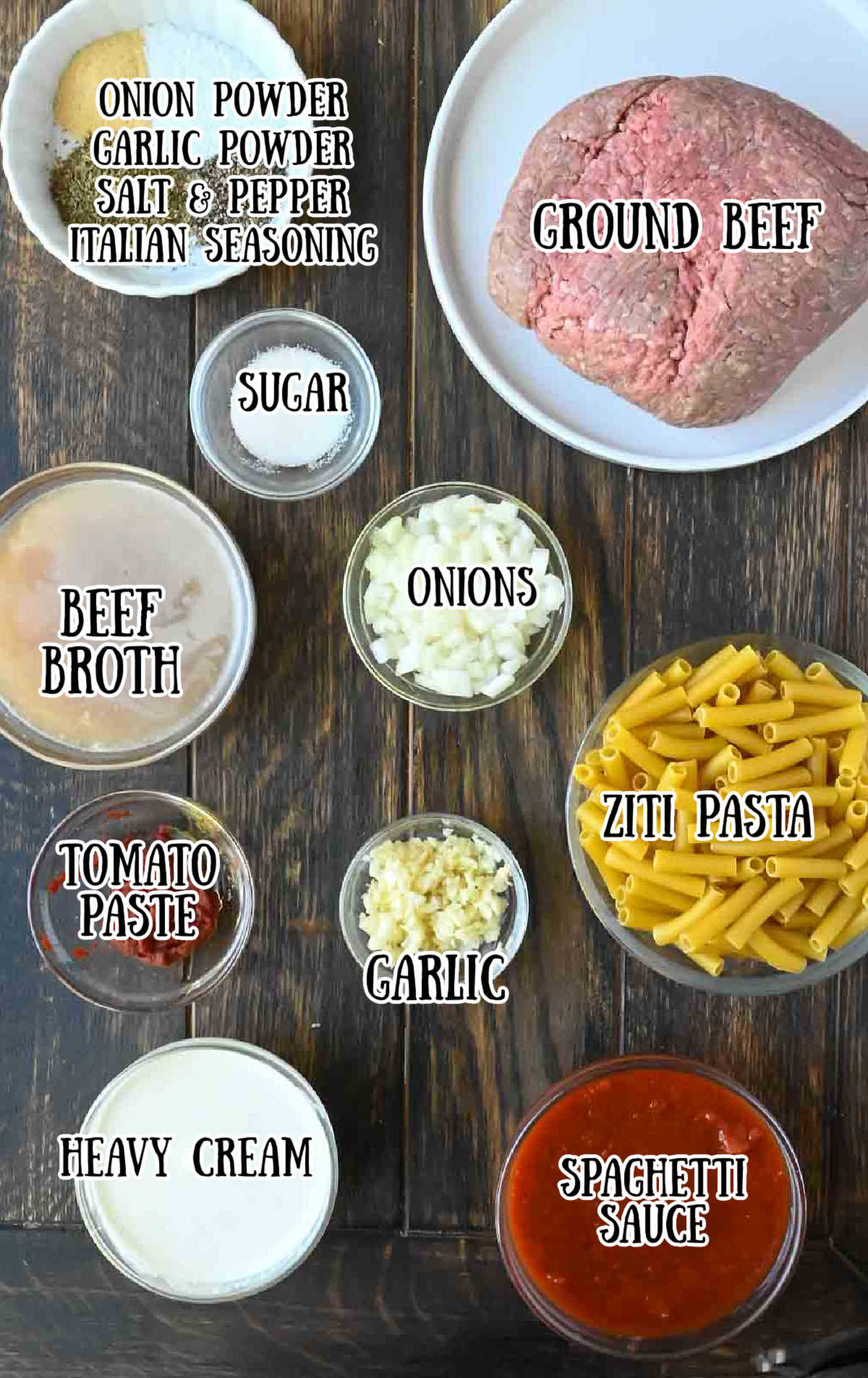 All the ingredients needed for the beefaroni.