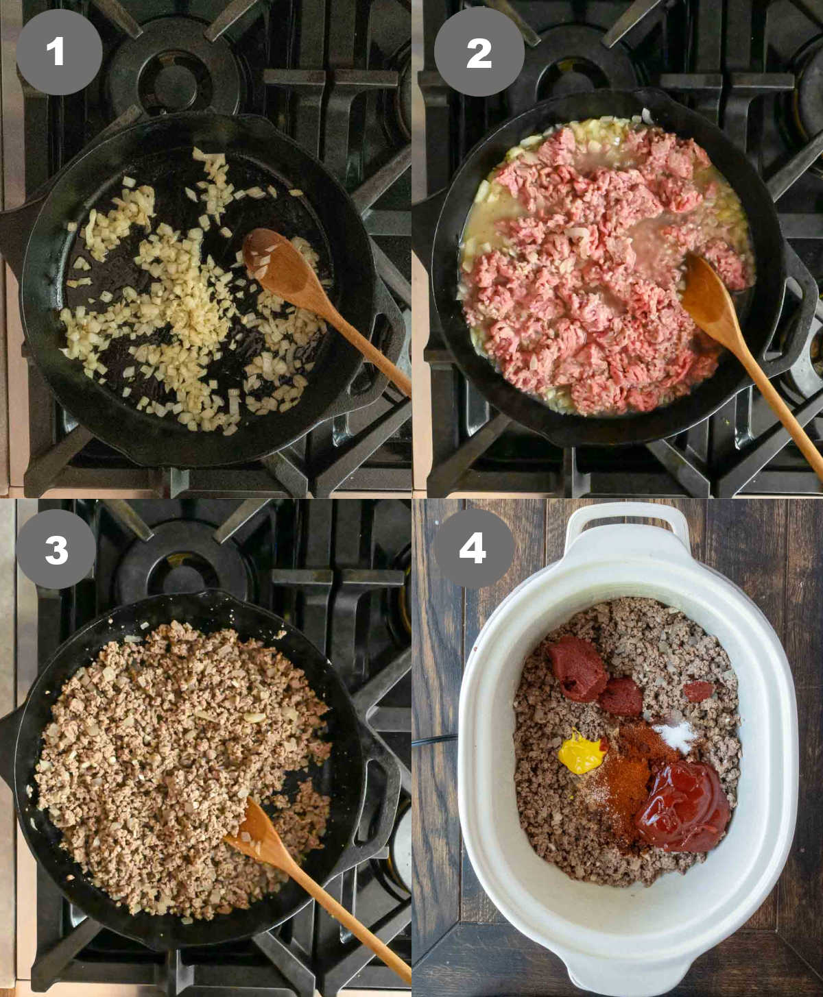 Onions sauteed in a pan then beef added and everything placed in a slow cooker